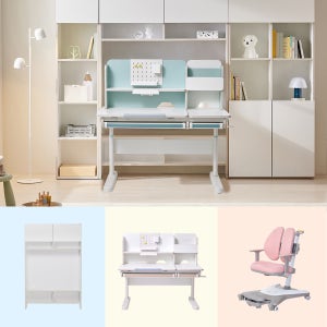 [위드그로우] 챔피언 높이각도조절 초등학생 책상(책장 포함) + 앤디책장 + 지니L310의자 세트