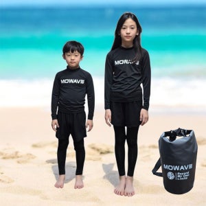[국내제작] 모와비 아동 공용 래쉬가드 + 워터레깅스 + 비치반바지 + 방수가방(중국oem) 초등학생 어린이 생존수영 수영복 풀세트