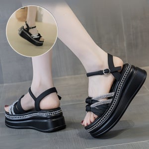 소가죽 키높이 구름 샌들 여름 여성 통굽 키높이 로마 샌들 발편한 스트랩 통굽 샌들