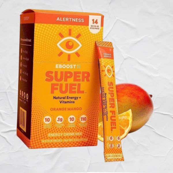 이부스트 에너지 드링크 파우더 <b>슈퍼</b> 연료 오렌지 망고 14개입 <b>운동 전</b> 믹스 천연 L티로신 L테아닌 비타민 여성 남성 미주 내수용
