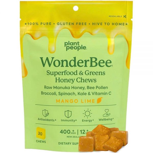 Plant People WonderBee 슈퍼 그린 마누카 <b>허니</b> 츄 - 꿀벌 꽃가루, 및 비타민 C 면역 지원, 항산화 물질 에너지 부스트 (30개)330289