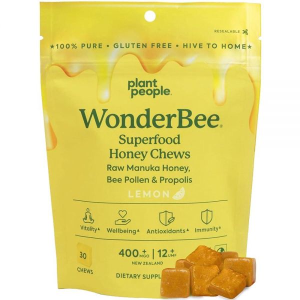 Plant People WonderBee 슈퍼푸드 마누카 <b>허니</b> 츄 - 면역 지원 및 에너지 부스트 꿀벌 꽃가루 프로폴리스 항산화 글루텐 프리 일일 보충제 (30개)330278