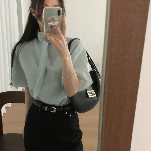 티온 여성 여름 타이 브이넥 시스루 오버핏 루즈핏 반팔 블라우스