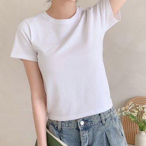 여성 세미 크롭 반팔티 여름 흰티 라운드 기본 티 이너 무지 코튼 면 티셔츠