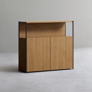 데스커 1200폭 철제책장 수납형 1200x1061x320mm, 3단, 모던아카시아+빈티지블랙