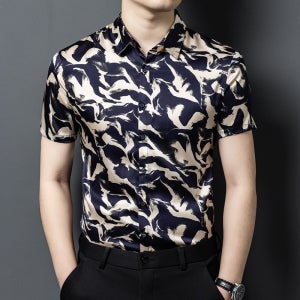 남자 실크 반소매 셔츠 프린트 꽃무늬 네이비