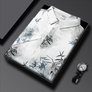 남자 실크 반소매 셔츠 정장셔츠 꽃무늬 프린트 화이트