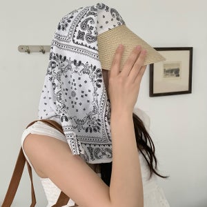 UV 자외선 완벽 차단 페이즐리 라탄 스카프 선캡 밀짚 왕골 두건 모자 아이보리