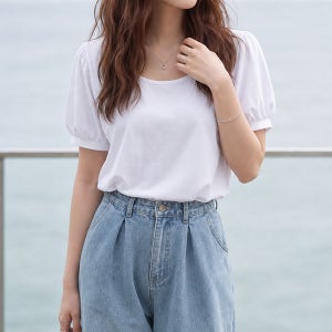 로렌미 여성용 간절기 데일리 퍼프 반팔 U넥 티 S25SMT033114