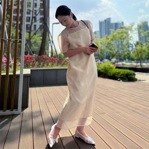 고퀄 롱 오간자 원피스 레이어드 시스루 샤틴 원피스 연핑크