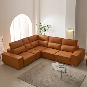 반델 2세대 가죽 모션 슬라이딩 리클라이너 소파 카멜, 6인