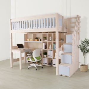 수앤홈 로이 소나무 원목 하이가드 높은 2층 벙커침대 책상 책장 세트 수납계단형