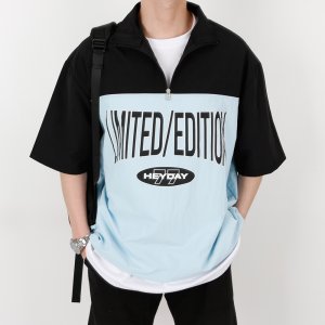 배색 반집업 반팔티 오버핏 남자 헨리넥 반팔 여름
