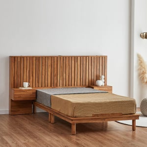 멜빈 티크 원목 침대프레임 평상형 부부 침실 퀸사이즈 침대 안방 2인용(협탁2개)