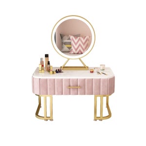 좌식화장대 북유럽디자인 대리석상판 수납 조명거울 소형화장대 핑크(80cm LED거울 대리석 쿠션)