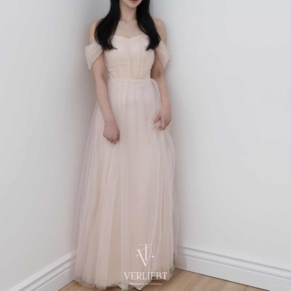 국내 자체제작 벨루나 피치크림 오프숄더 머메이드 셀프웨딩 대여 드레스 피로연
