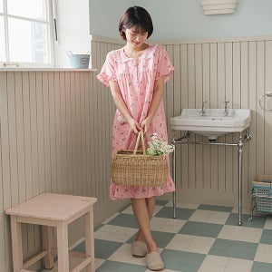 국산 여성 면 레이온 혼방 바닷가 핑크 반팔 원피스 여름 잠옷 홈웨어 이지웨어