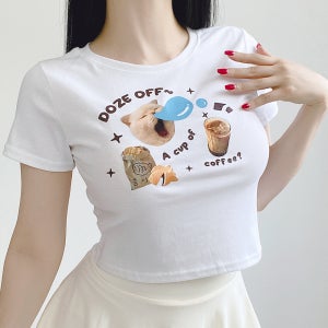 프린팅 크롭 반팔티 3종 화이트 블랙 레터링 나염 토호쿠 카페 하품 고양이 미니 스티커 여자 크롭티