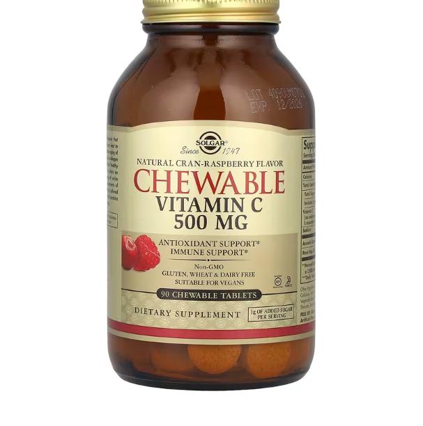 솔가 추어블 <b>비타민 C</b> 천연 <b>크랜</b>-<b>라즈베리</b> 맛 500 밀리그램 90 추어블정