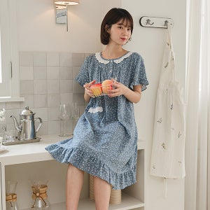 국산 여성 면 레이온 혼방 앤플라워 블루 반팔 원피스 여름 잠옷 홈웨어 이지웨어