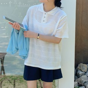 스카시 펀칭 카라 반팔 티셔츠 여성 빅사이즈 화이트