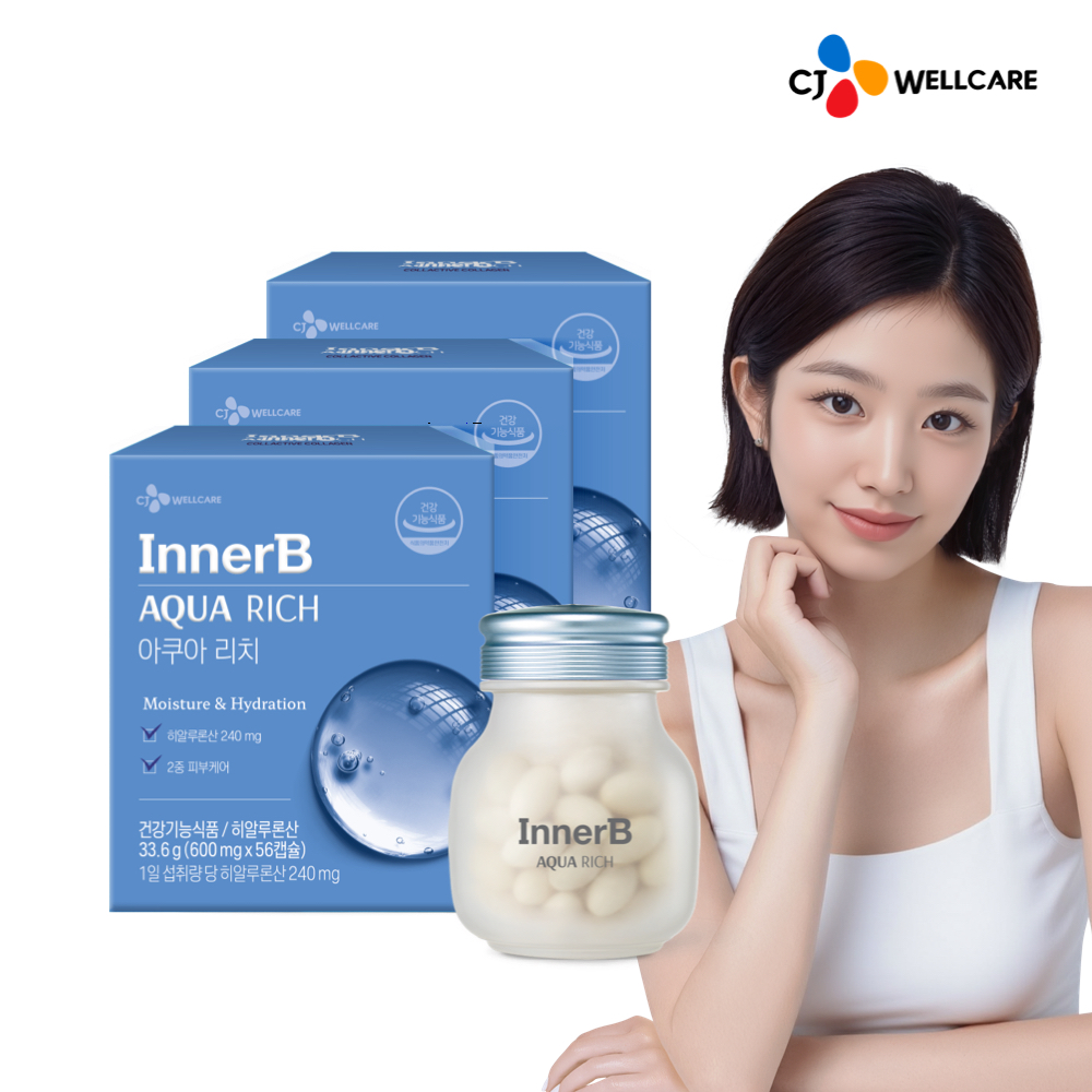 CJ 이너비 아쿠아리치 먹는 <b>히알루론산</b> 피부보습 자외선케어 엘라스틴 56캡슐, 3개