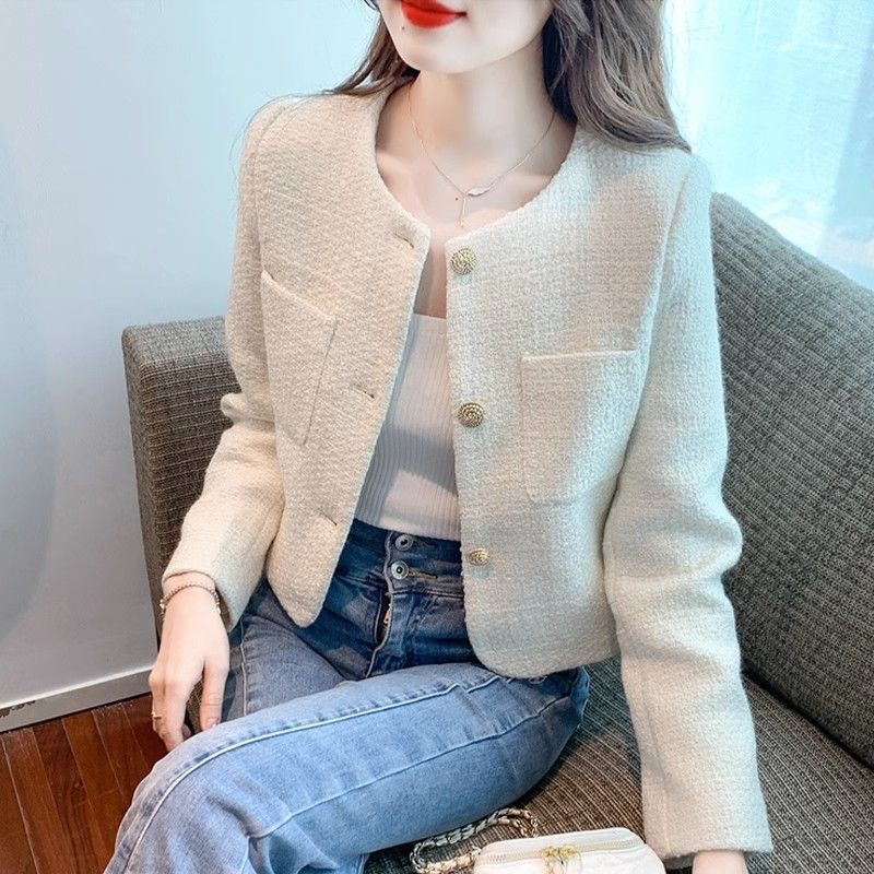 스타일 여성 트위드 재킷 고급 세련된 봄가을 크림색