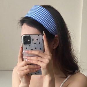 청량 블루 스트라이프 체크 헤어밴드 와이드 넓은 여름 바캉스