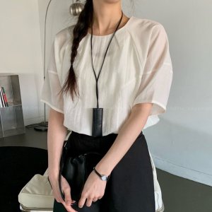 여름세일 절개 반팔 퍼프 린넨 블라우스