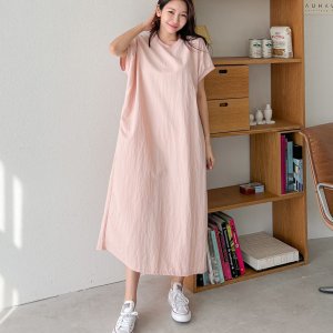 (인디핑크 당일배송) 1087. 윈디 아노락 바스락 파스텔 라운드넥 박스 롱 반팔 원피스 - 블랙, 차콜, 인디핑크, 딥블루