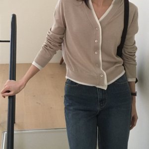 모아니 레이어드 실크울 V 가디건 - 브이넥 긴팔 기본핏 배색 여름 간절기 실크울 단추