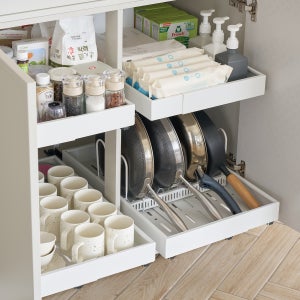 코드리빙 주방 싱크대 하부장 무타공 슬라이딩 레일 길이조절 공간활용 확장형 선반