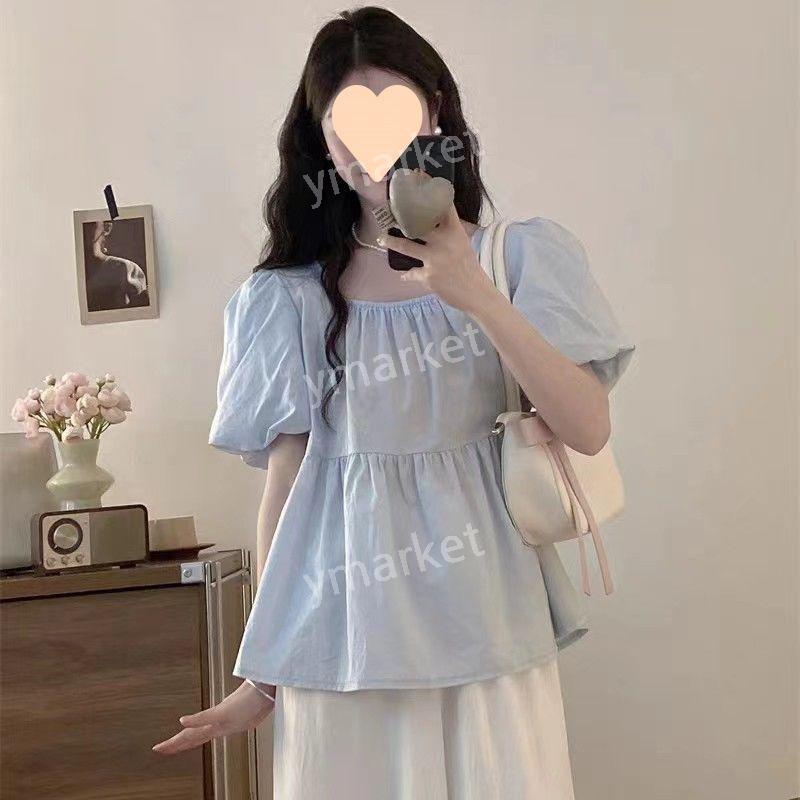 스퀘어넥 퍼프소매 셔링 블라우스 하늘색 여성 여름 데일리 코디 꾸안꾸룩 하늘색 L(50-60kg)