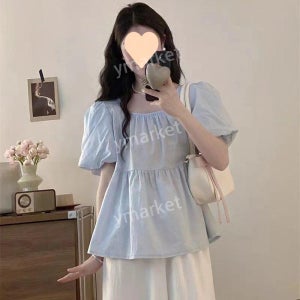 스퀘어넥 퍼프소매 셔링 블라우스 하늘색 여성 여름 데일리 코디 꾸안꾸룩 하늘색 L(50-60kg)