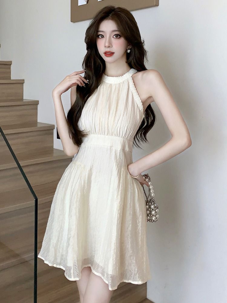 여자 나시 원피스 미니멀 a라인 라운드넥 바캉스 패션 고급스러운 여름 슬림핏 데일리 통기성