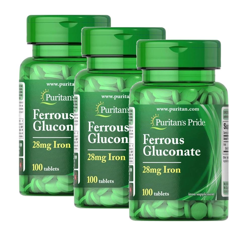 퓨리탄스프라이드 <b>페로스 글루코네이트</b> (철분 28mg) 100정 3개 Puritans Pride Ferrous Gluconate