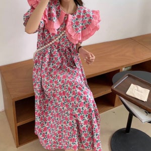 러블리 한 핑크 빅프릴 카라 롱 원피스 귀여운 코디 디자인 분위기 연출 룩 여성 여자 봄