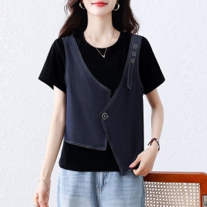 봄 여름 여성 빅사이즈 라운드넥 레이어드 반팔티셔츠 루즈핏 언발란스 데님베스트