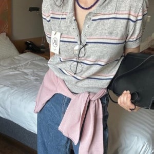 (그레이당일) Amoment 어모먼트 세이지 단가라 여름 반팔 니트 린넨