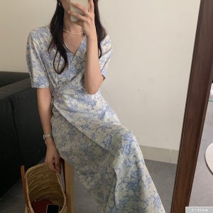 리진 브이넥 플라워 랩 롱 원피스 1col 여름 허리끈 실키 쉬폰 데일리 제이플로우