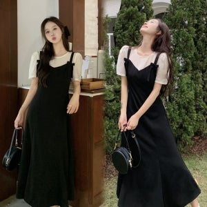 여성 빅사이즈 반팔 레이어드 뷔스티에 리본 플레어 롱원피스 블랙 L