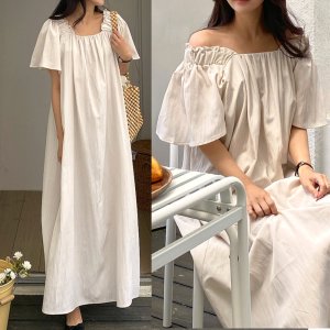 오픈숄더 반팔 롱 원피스 바스락 빅사이즈 여름 나일론 77 엄마 플레어 맥시