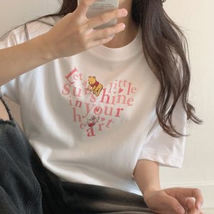 디즈니 라이선스 남여공용 푸우 하트 오버핏 프린팅 코튼 면 반팔 티셔츠