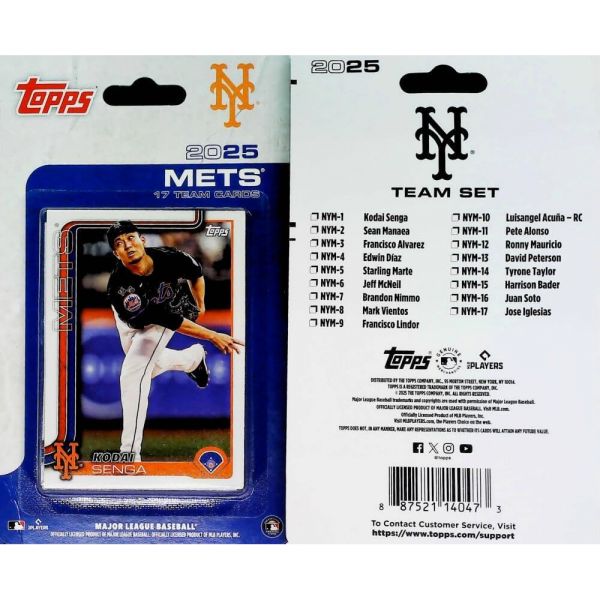 탑스 2025 리테일 팩토리 봉인 야구 뉴욕 메츠 MLB 팀 17장의 카드 세트. 후안 소토 포함. 포함된 선수 목록의 두 번째 사진을 참조하세요. 일반 카드와는 다른 번호입니