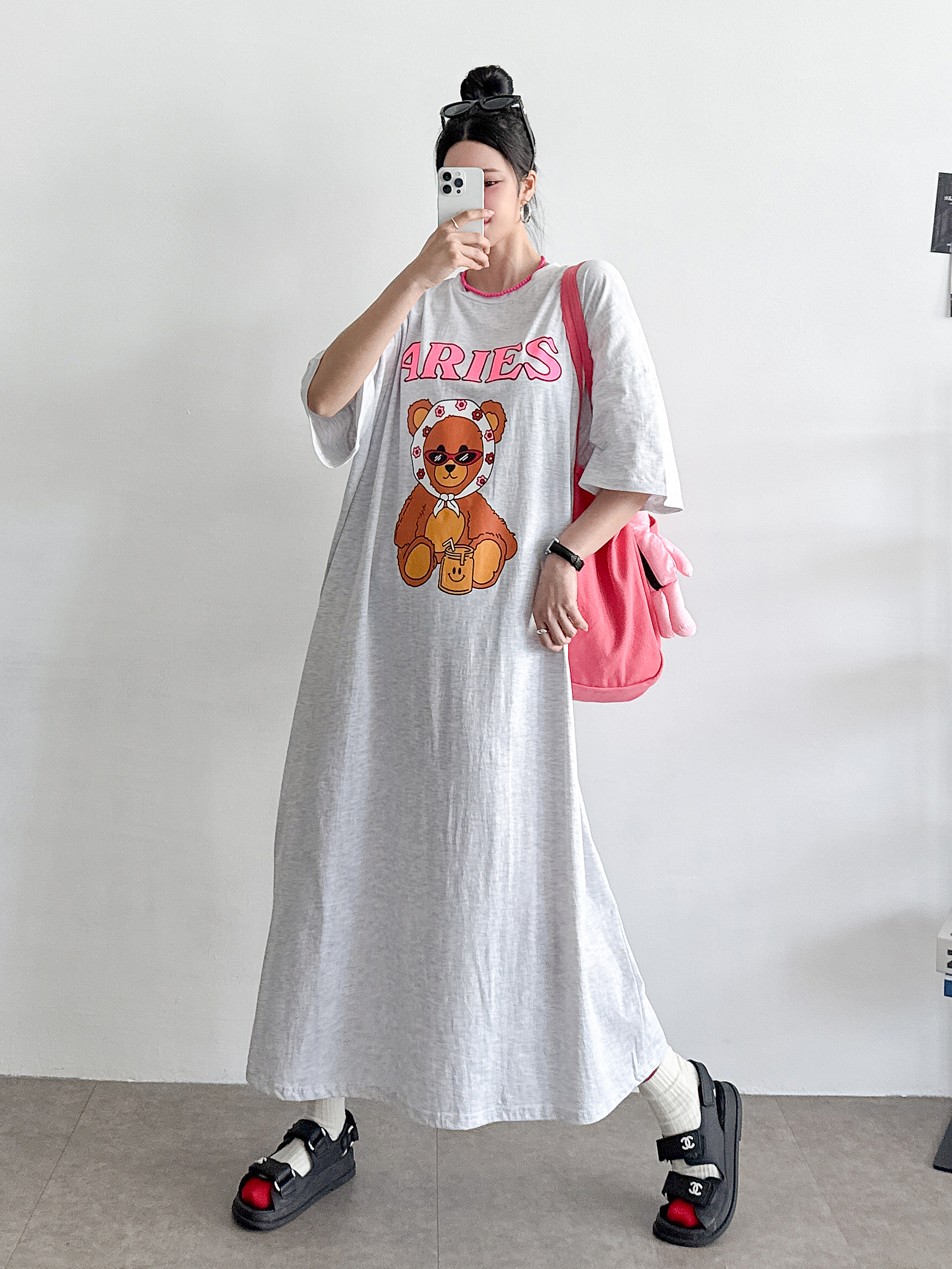 썬그리 롱원피스(여성 여름 반팔 형광 곰돌이 오버핏 바캉스 홈캉스 홈웨어)