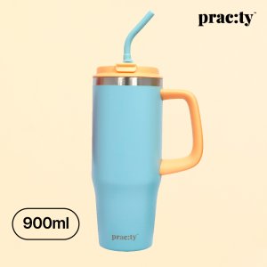 프랙티 스테인레스 보온보냉 텀블러 손잡이 빨대 대용량 900ml, 스카이블루