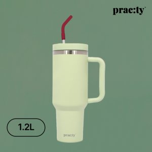 프랙티 스테인레스 보온보냉 텀블러 손잡이 빨대 대용량 1.2L, 브라이트그린