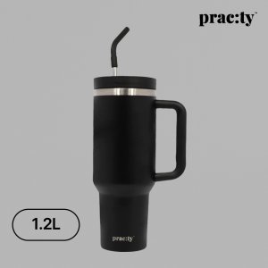 프랙티 스테인레스 보온보냉 텀블러 손잡이 빨대 대용량 1.2L, 블랙