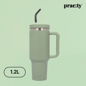 프랙티 스테인레스 보온보냉 텀블러 손잡이 빨대 대용량 1.2L, 다크그린