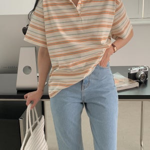 럭비 스트라이프 단가라 카라 반팔 티셔츠